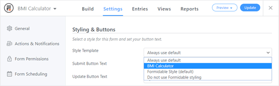 Choosing the style for your BMI calculator from the dropdown list