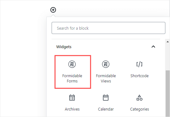 Selecting the Formidable Forms block to add to your post or page
