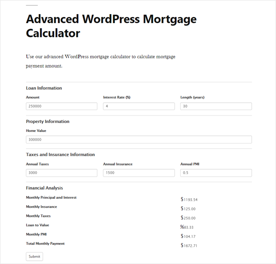 Advanced WordPress Mortgage Calculator Preview