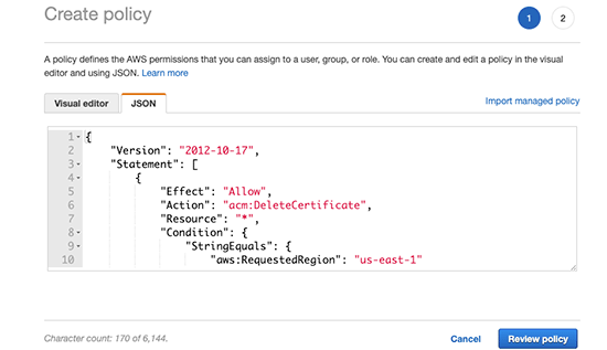 Copy and paste the policy rules in JSON format