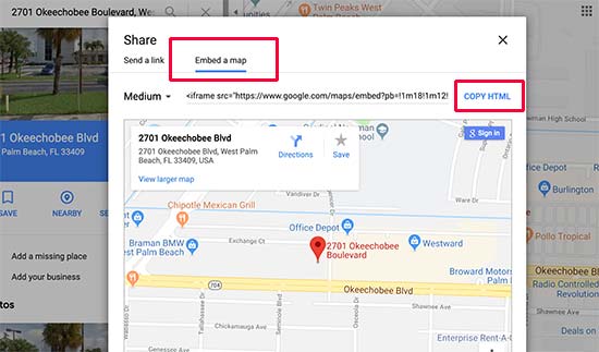 Copy the Google Maps embed code