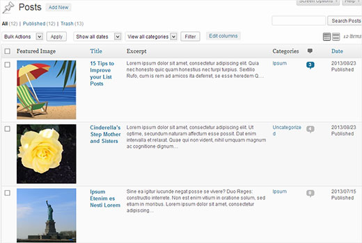 Customized posts screen in WordPress admin area