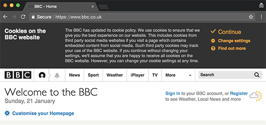 Cookies notification popup displayed on the BBC website