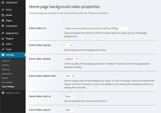 YouTube background video settings