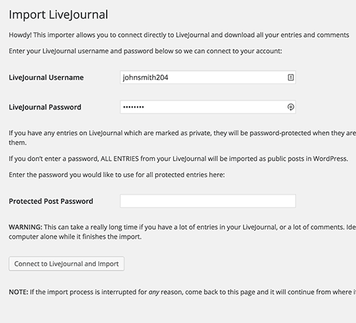 LiveJournal Importer settings