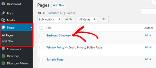 Business Directory Page Added in WordPress