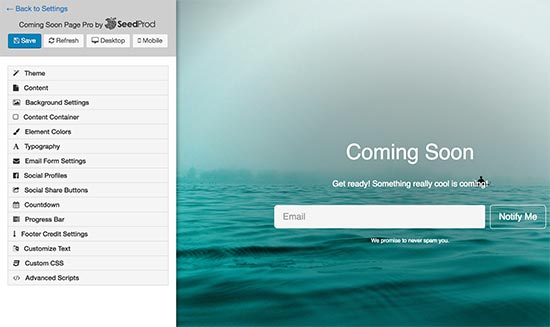 Coming soon page customizer