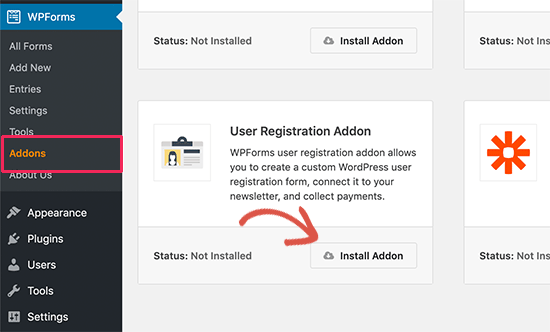 Install user registration addon