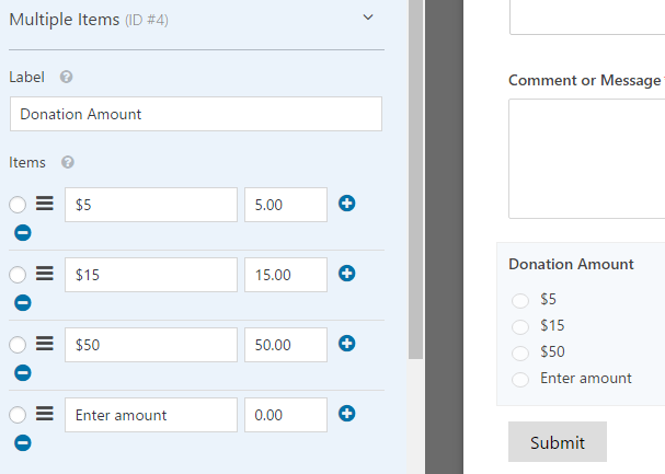 customizing the multiple item donation amounts