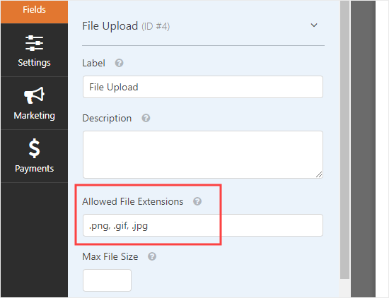 Enter the file types that you want to allow users to upload