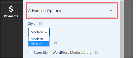 Editing the advanced options for the file upload field