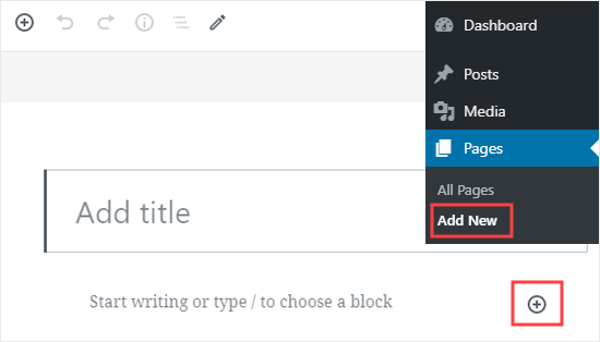 Creating a new page in WordPress and adding a new block to it