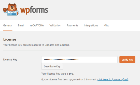 Entering your license key for WPForms