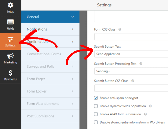 Viewing the general settings for the form, with Submit button text changed to Send Application