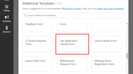 Select the Job Application Upload Form template
