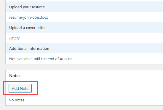 Adding a note to a job application in WPForms