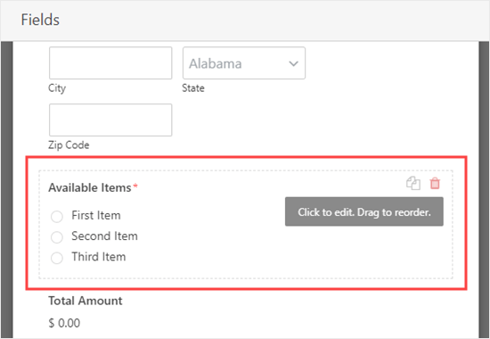 Editing the 'Available Items' field of your online order form