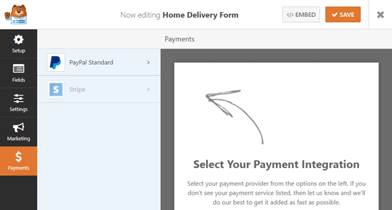 Select the payment service(s) to integrate with your form