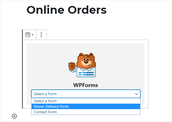 Selecting your online order form from the the WPForms dropdown list