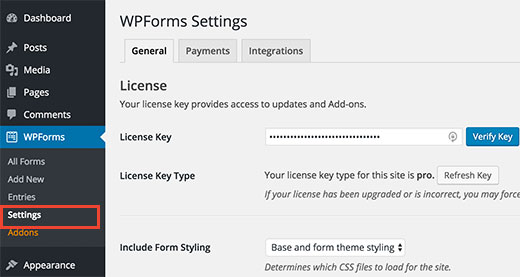 WPForms license key