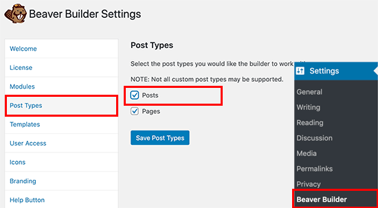 Enable Beaver Builder for posts