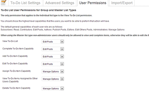 User Permissions tab of to-do list settings