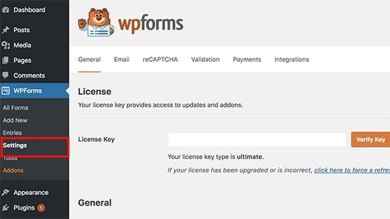 WPForms license key