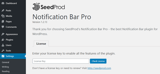 Entering your license key for Notification Bar Pro