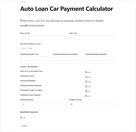 Auto Loan Car Payment Calculator in WordPress Site preview