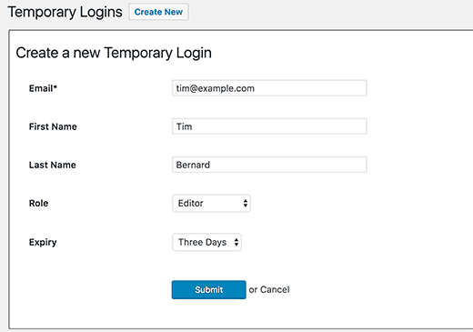 Adding a new temporary account in WordPress