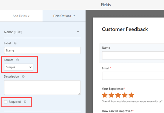 Editing the Name field in our WPForms questionnaire