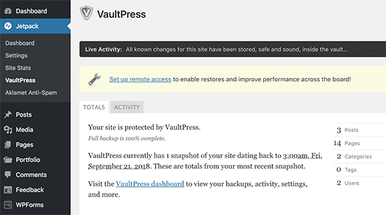 VaultPress dashboard