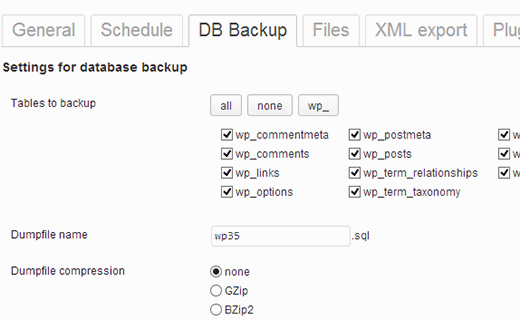 Select or exclude tables from backup job