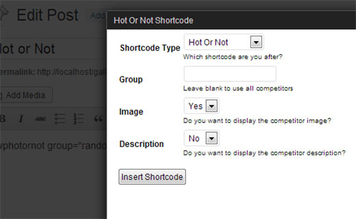 Insert shortcode using hot or not shortcode generator