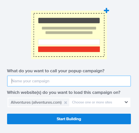 Name your coupon popup campaign and choose a site to run it on