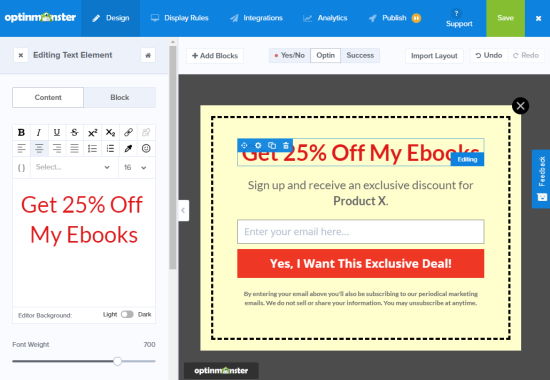 Editing the text for the popup coupon: the title now reads Get 25% Off My Ebooks