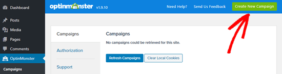 Click the button to create a new campaign in OptinMonster