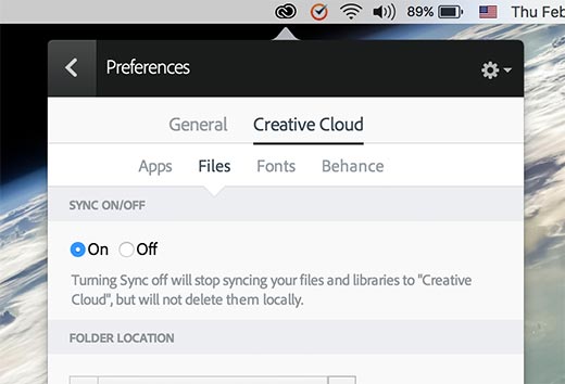 Enable file syncing in Adobe creative cloud app