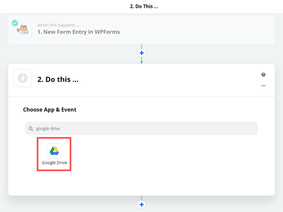 Choosing the Google Drive app as the action for the zap