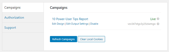 The list of OptinMonster campaigns in the WordPress dashboard