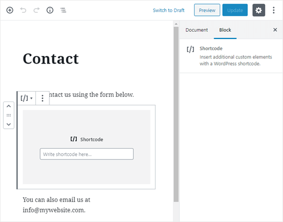 The converted contact page with a blank Shortcode block
