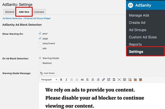 AdSanity Ad Block detection settings