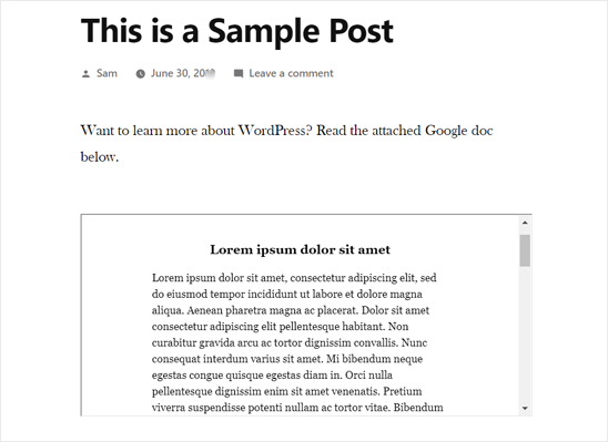 Google Doc Embedded in WordPress Post -preview