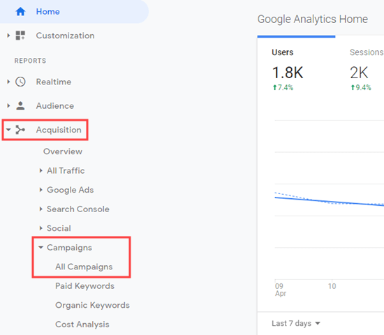 Viewing all campaigns in Google Analytics