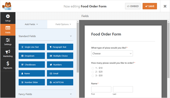 The newly created takeout delivery form, with default fields