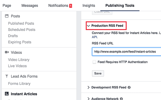 Add instant articles feed