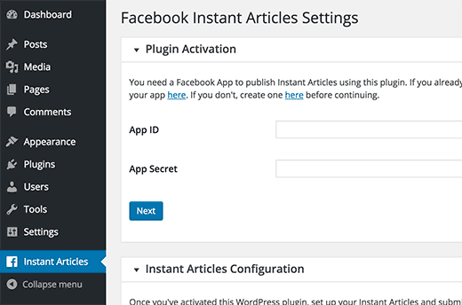 Instant Articles WP plugin settings
