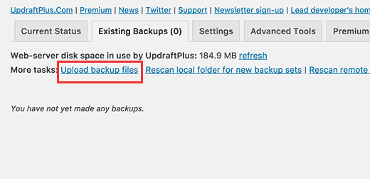 Upload backup files manually