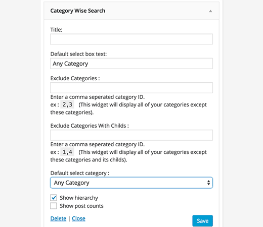 Search by Category Widget settings