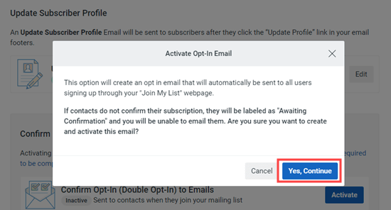 Confirm that you want to go ahead and use double optin for your email list